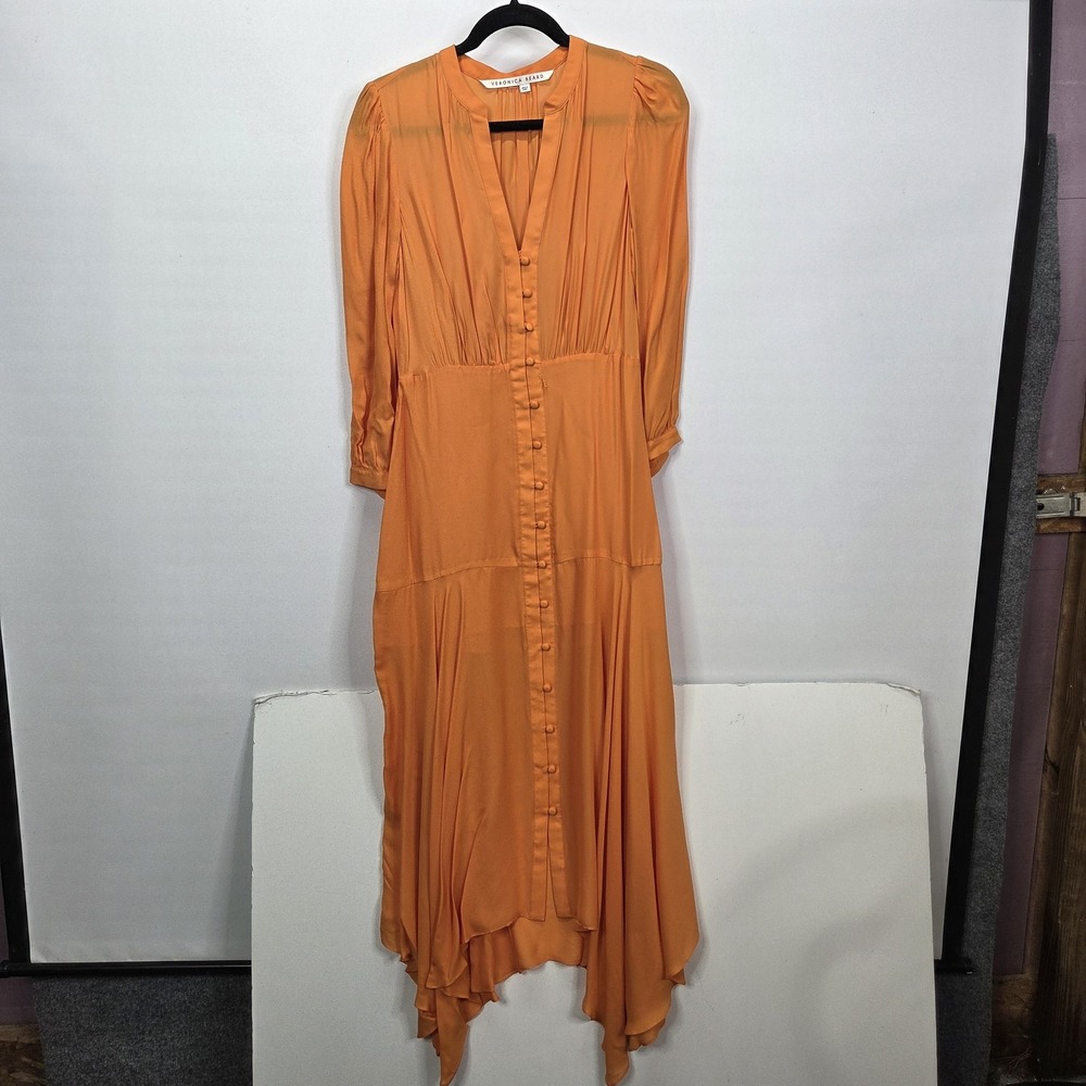 Veronica Beard Dress Womens Small? Orange Maxi Shirt Dress Button Front Asym Hem